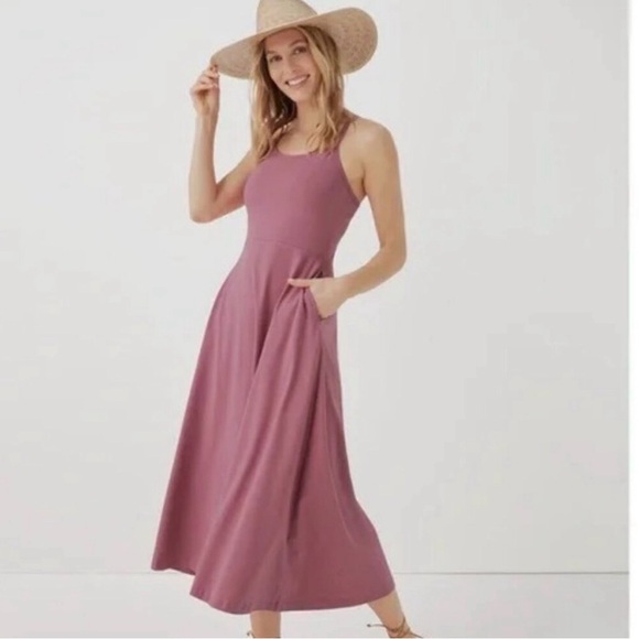 PACT Women’s Medium Fit & Flare Midi Dress Organic Cotton Pink Pockets Racerback - Picture 2 of 11